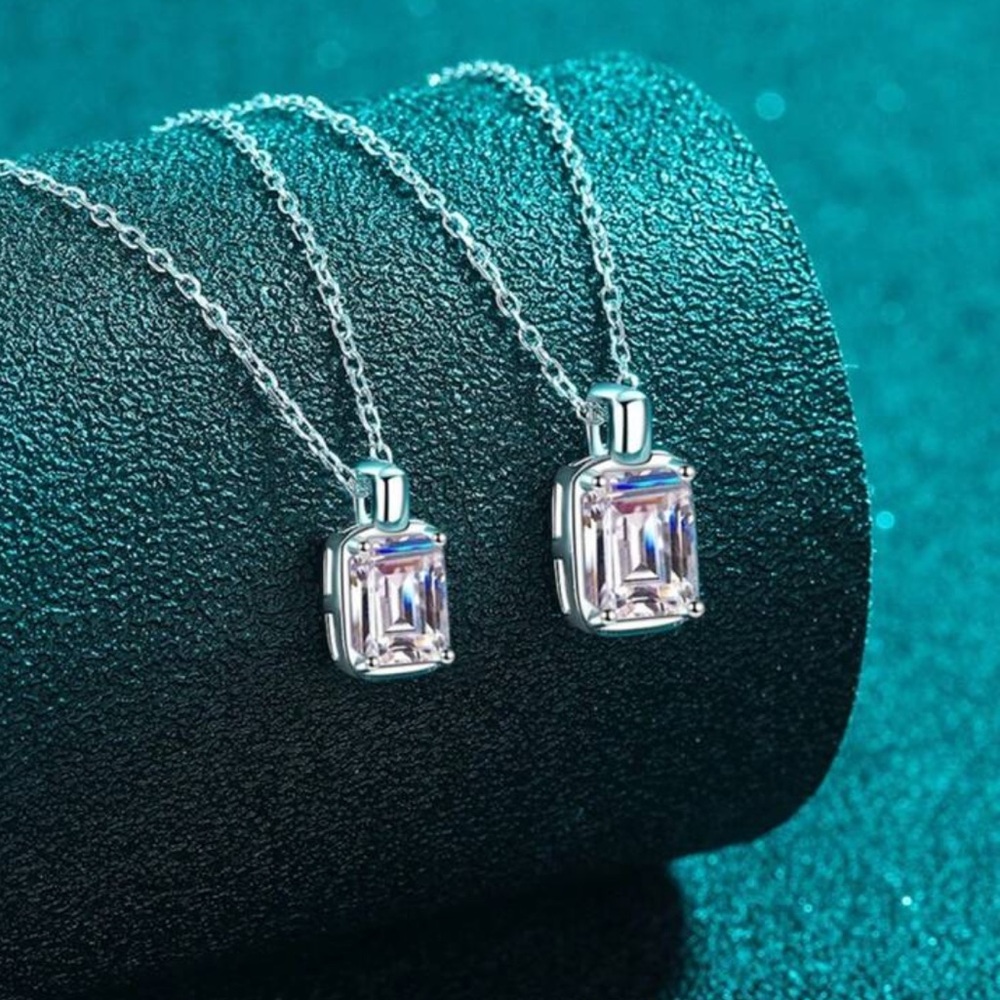 925 Silver 2 Carat Moissanite Emerald Cut Pendant Necklace